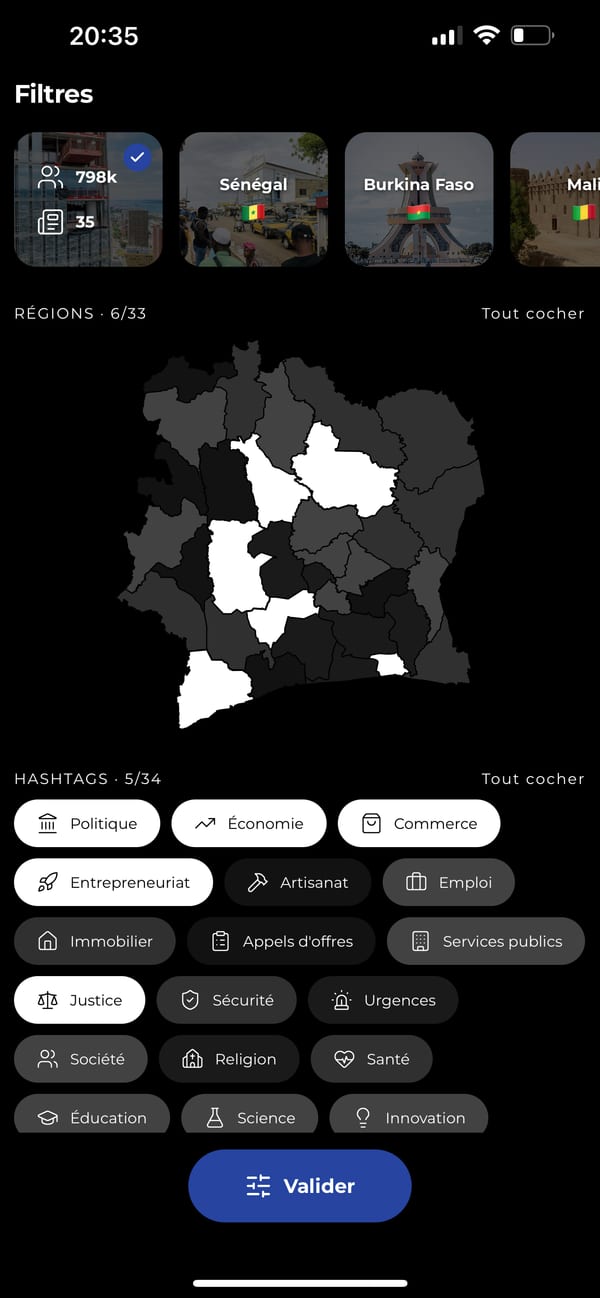 Capture iPhone : pays, régions et hashtags dans Filtres.